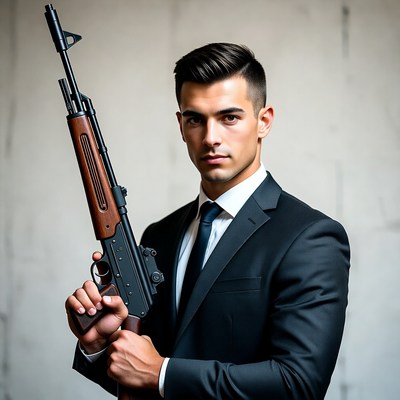 Man holding rifle in suit