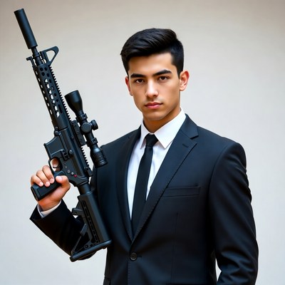 Man in suit holding rifle