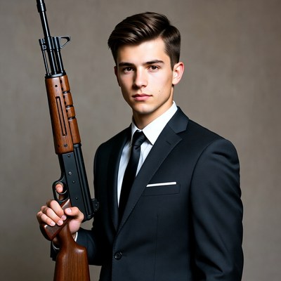 Young man holding shotgun in suit