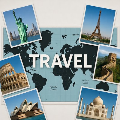 Travel Collage with World Map and Landmarks