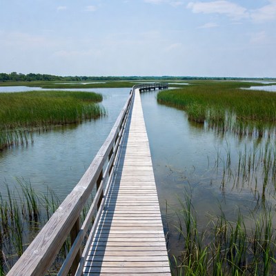 Wooden Boardwalk through Marshland