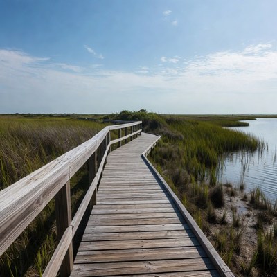 Wooden boardwalk through marshland