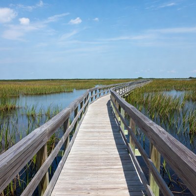Wooden Boardwalk Through Marshland