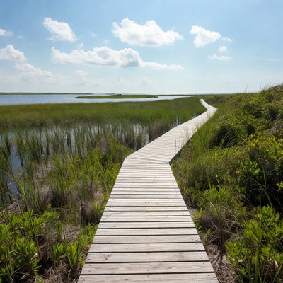 Wooden boardwalk through marshland