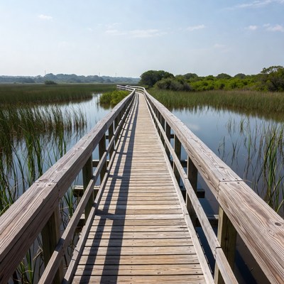 Wooden boardwalk through marshland