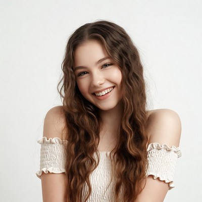 Smiling girl with wavy brown hair