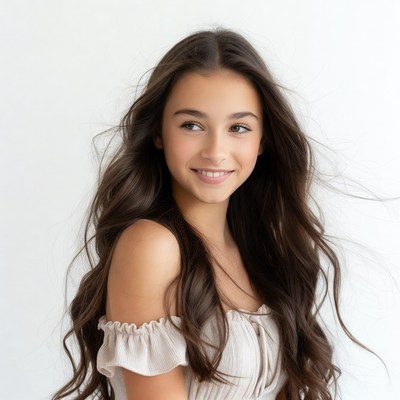 Teen girl with long brown hair smiling