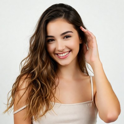 Smiling young woman with wavy brown hair