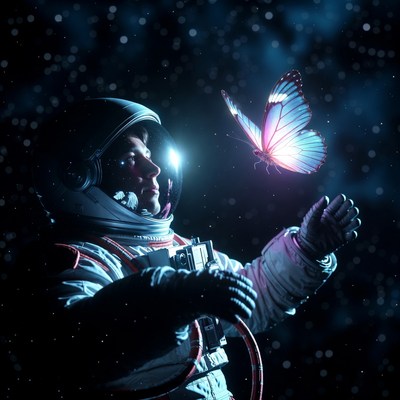 Astronaut reaching for glowing butterfly