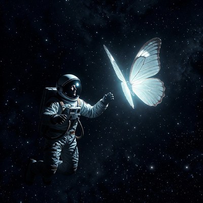 Astronaut touching butterfly in space