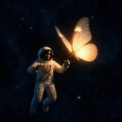 Astronaut holding butterfly in space