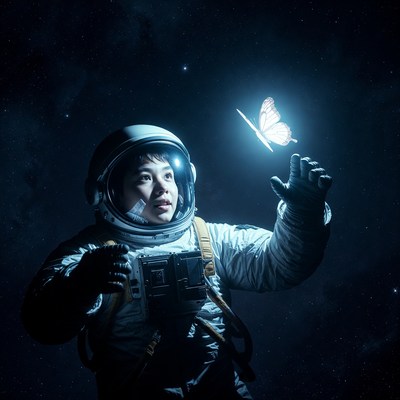 Astronaut reaching for glowing butterfly