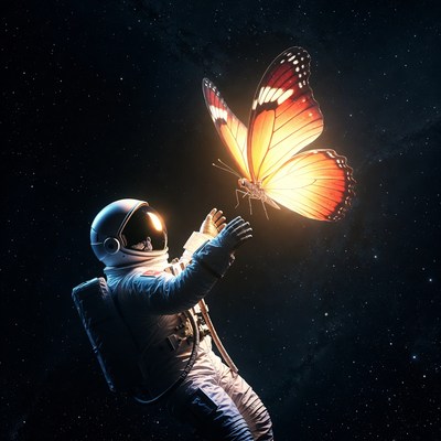Astronaut touching glowing butterfly