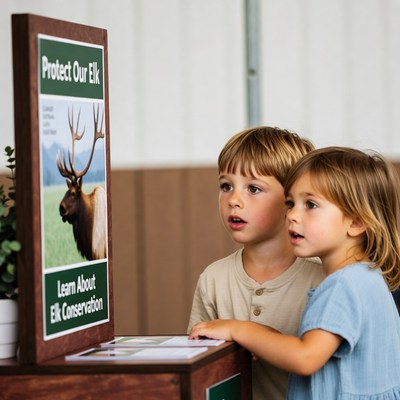 Boy and girl viewing elk conservation display