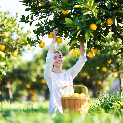 Woman picking lemons from tree