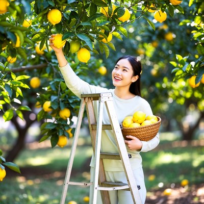 Asian woman picking lemons from tree