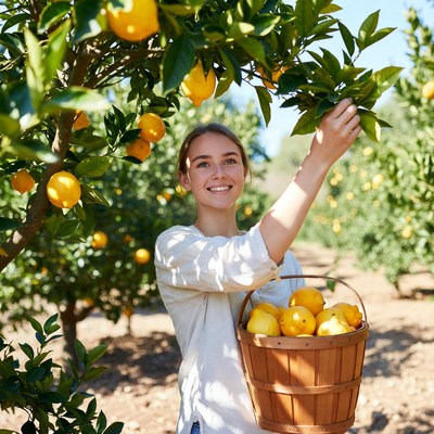 Woman picking oranges from tree