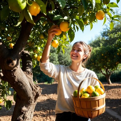 Woman picking lemons from tree