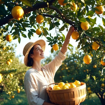 Woman picking lemons from tree
