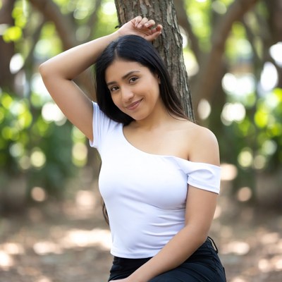 Latina woman leaning on tree