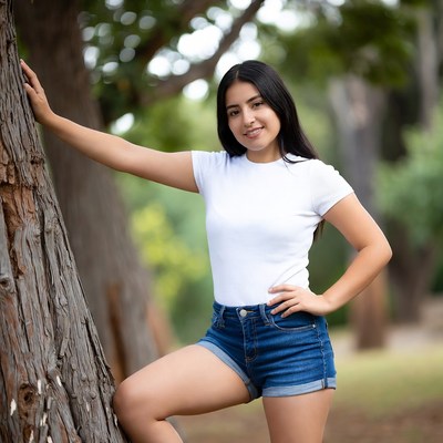 Latina woman leaning on tree outdoors