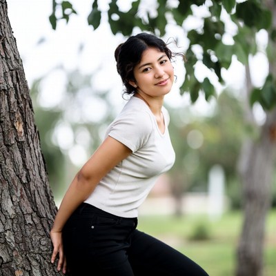 Asian woman leaning against tree