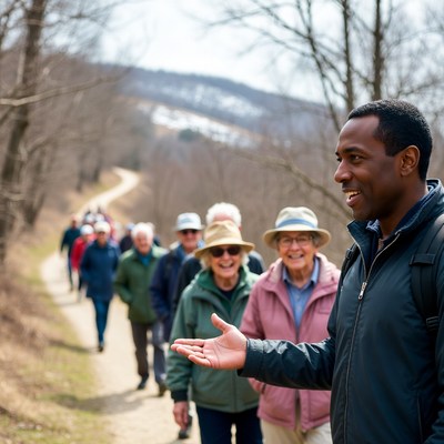 African-American man leading seniors on trail