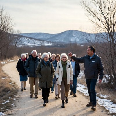 Group of seniors hiking snowy trail