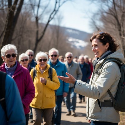 Group of seniors hiking forest trail