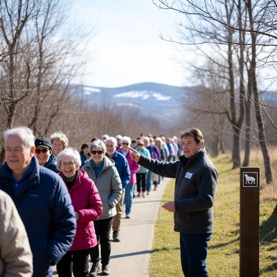 Group hiking trail led by man