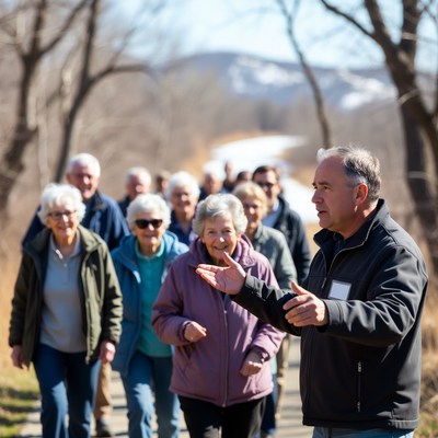 Group of seniors hiking with leader