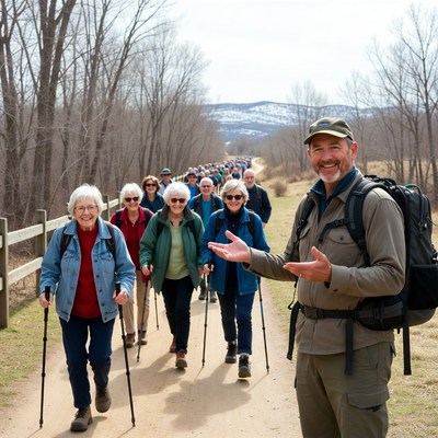 Man leading senior women hiking trail