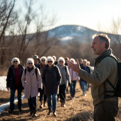 Man leading elderly group winter hike