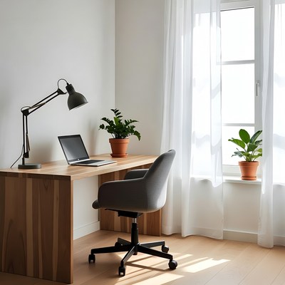 Modern Wooden Desk with Laptop