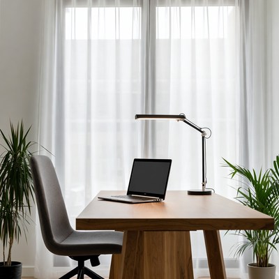 Modern Desk with Laptop and Lamp