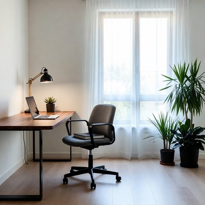 Modern Wooden Desk with Laptop and Chair