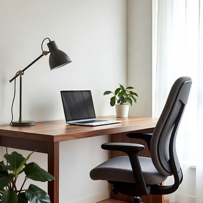 Modern Wooden Desk with Laptop
