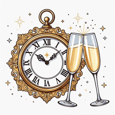 Gold Clock with Champagne Glasses