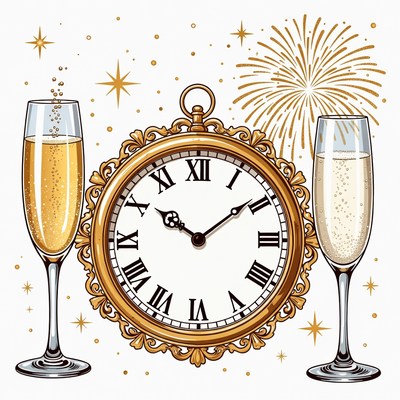 New Year's Clock with Champagne Glasses