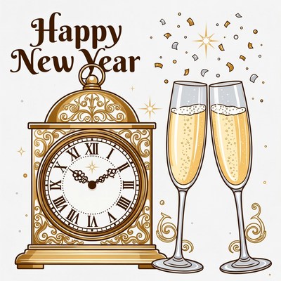 Happy New Year Clock Champagne Illustration
