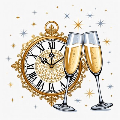 Clinking Champagne Glasses with Clock