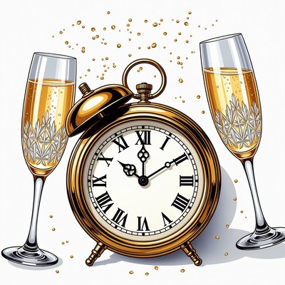 Gold Alarm Clock Champagne Glasses