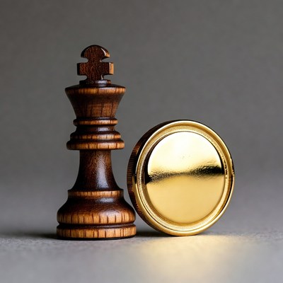 Wooden Chess King and Gold Coin