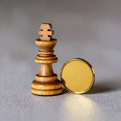 Wooden King Chess Piece and Gold Coin