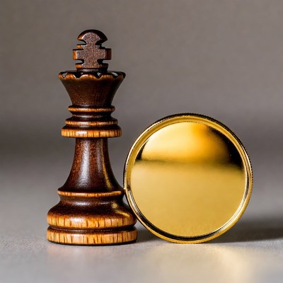Wooden Chess King and Gold Coin