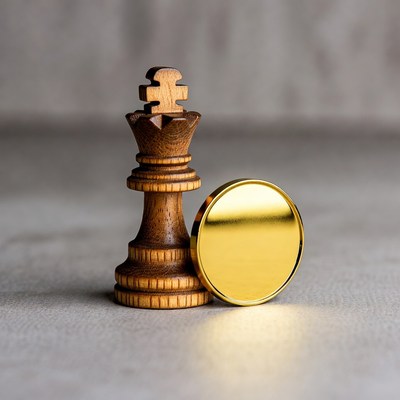 Wooden Chess King and Gold Coin