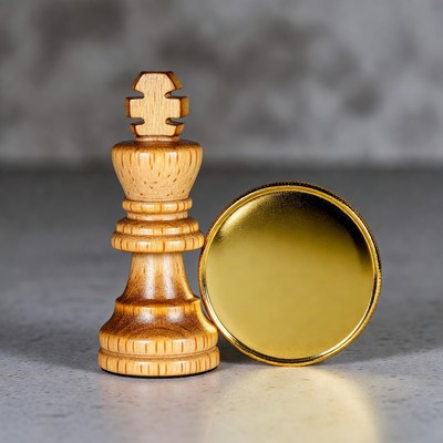 Wooden Chess King and Gold Coin