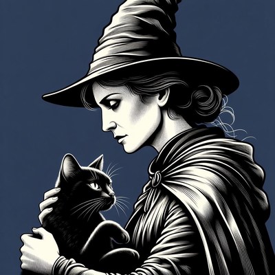 Woman holding black cat in witch hat