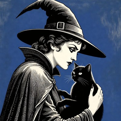 Woman holding black cat in witch hat