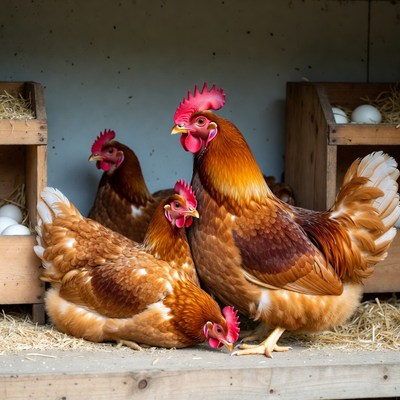 Chickens in coop with eggs